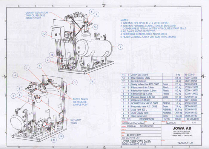 JOWA Marine Oil Water Separator , Oily Water Separator Marine 3SEP-OWS 5.0 M3/H