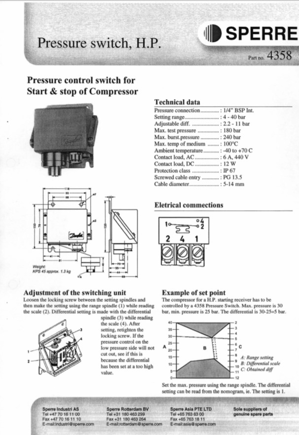 SPERRE TMS-80 Temperature Witch Solenoid Drain Valve 4332 Air Compressor Pressure Switch HP 4358