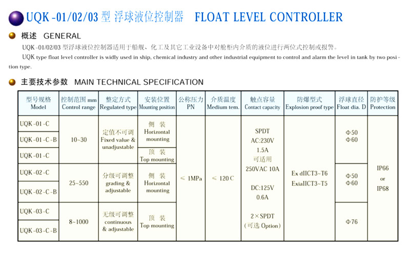 JIANGSU YUANWANG UQK-651-C Float Level Controller , Level Switch Float Type